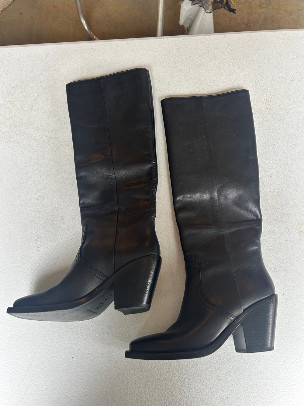 Loeffler Randall Women's Black Leather Mid-Calf Block Heel Boots